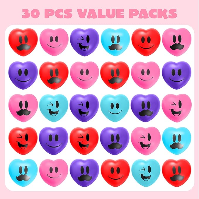 JOYIN 30 Pcs Valentine's Day Heart Shape Stress Ball, Valentines 1.5 inch Heart Squeeze Ball Squishy Toy Exchange Gift for Kids, Stress Relief Party Favors, Holiday Reward Prizes