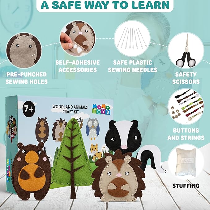 MOMOTOYS Kids Sewing Kit for Kids, Fun & Educational Woodland Animals Sew Craft Set for Boys and Girls Ages 8-12, Complete Beginner Sewing Kit with Felt Plushie for Creative DIY Projects