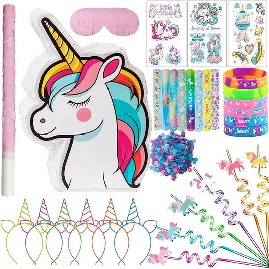 Unicorn Pinata Unicorn Party Favors for Girl Birthday Party Unicorn Party Supplies with Unicorn Pinata Headbands Stickers Slap Bracelets Keychains Silicone Bands and Straws (White)