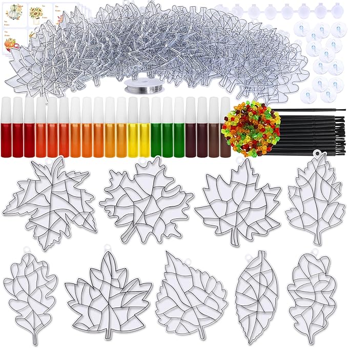 Winlyn 27 Sets Fall Leaf Suncatchers Ornaments DIY Window Paint Art Fall Craft Kits Maple Leaf Sun Catchers Painting Kits for Kids Classroom Activities Art Project Thanksgiving Autumn Party Decoration