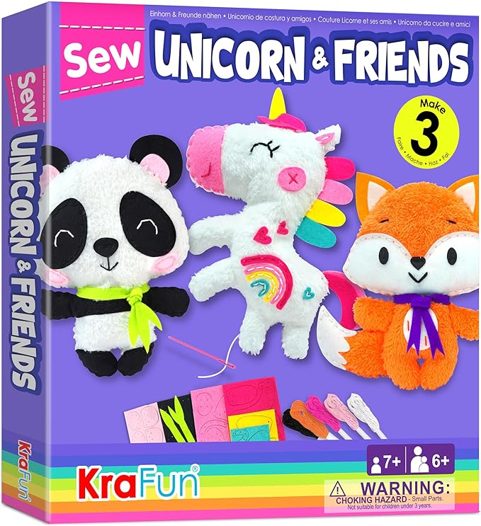 KRAFUN Unicorn Beginner Animal Sewing Kit for Kids Age 7-13 My First Art & Craft, Includes 3 Stuffed Animal Dolls Panda, Fox, Instructions & Plush Felt Materials for Learn to Sew, Embroidery