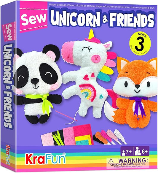 KRAFUN Unicorn Beginner Animal Sewing Kit for Kids Age 7-13 My First Art & Craft, Includes 3 Stuffed Animal Dolls Panda, Fox, Instructions & Plush Felt Materials for Learn to Sew, Embroidery
