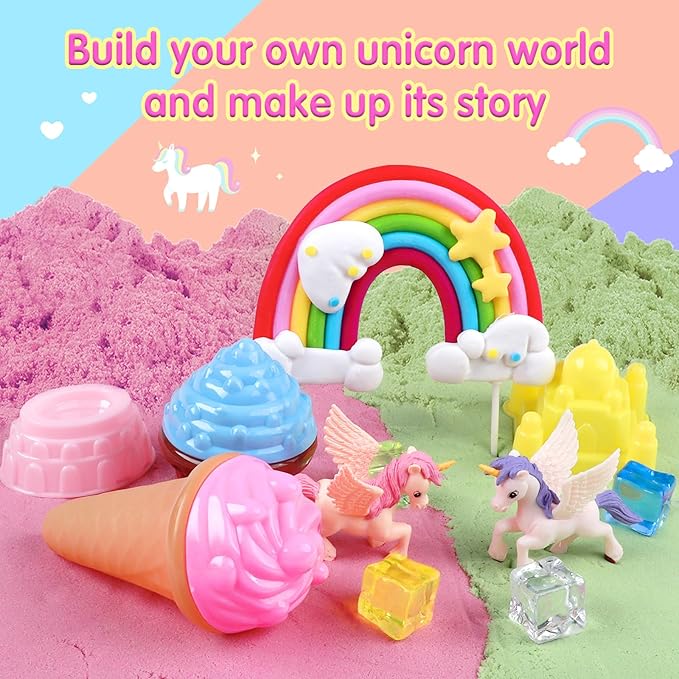 Unicorn Sensory Sand Kit for Girls Ages 3-8 – 2.2lbs Colorful Play Sand, Unicorn Toys, Castle & Ice Cream Molds, Tools & Sandbox with Lid – Great Christmas & Birthday Magic Sand Gift for Toddlers 3-5