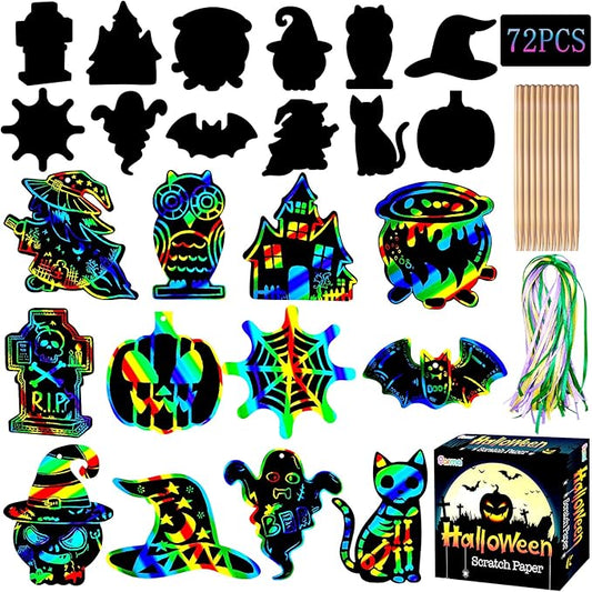 Garma Scratch Paper Art for Kids - 72 Pcs Halloween Magic Rainbow Scratch Paper Off Cards Set for Kids Crafts Arts Supplies Halloween Ornaments Party Games Classroom Activities Birthday Gift