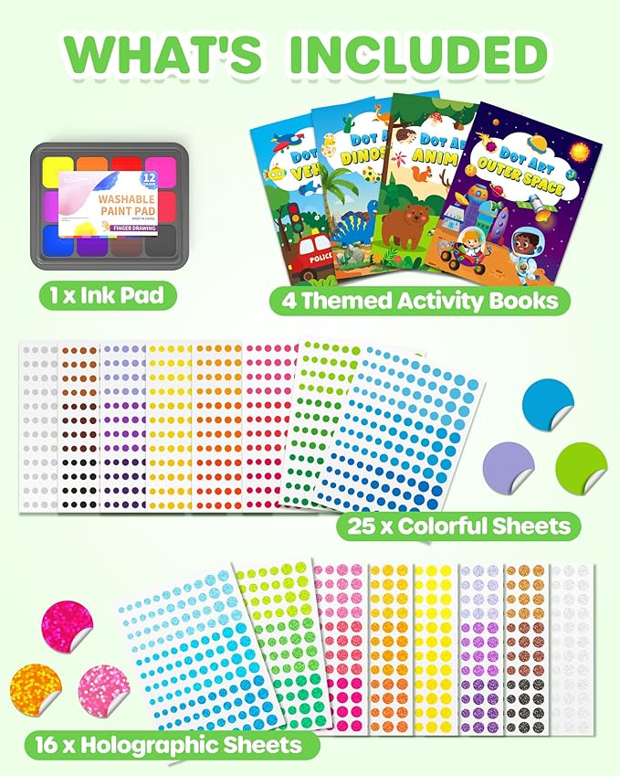 D-FantiX Dot Art Sticker Activity Book with Ink Pad, Mess-Free Finger Painting for Toddlers, Dinosaur, Animal, Outer Space, Vehicle Arts and Crafts, Kids Travel Activities, Boys Easter Basket Stuffers