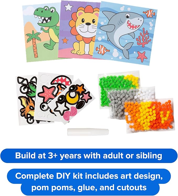 DIY Pom Pom Art - Makes 3 Art Pieces -Boy & Girl Crafts for Kids Age 3-5 - Toddler Crafts Ages 3-5 - Pom Pom Arts and Crafts - Art Projects for Kids 3-5 - (Set 1 -Lion, Shark, Dinosaur)
