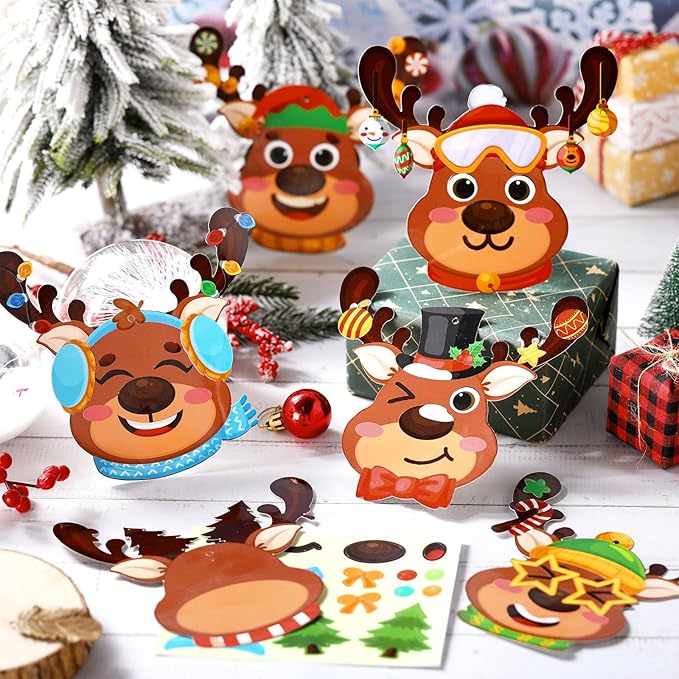 Pasimy 48 Pcs Christmas Crafts Kits for Kids Christmas Reindeer Ornament Crafts DIY Reindeer Ornament Kit Make Your Own Reindeer Craft Stickers for Holiday Xmas Classroom Party Favors