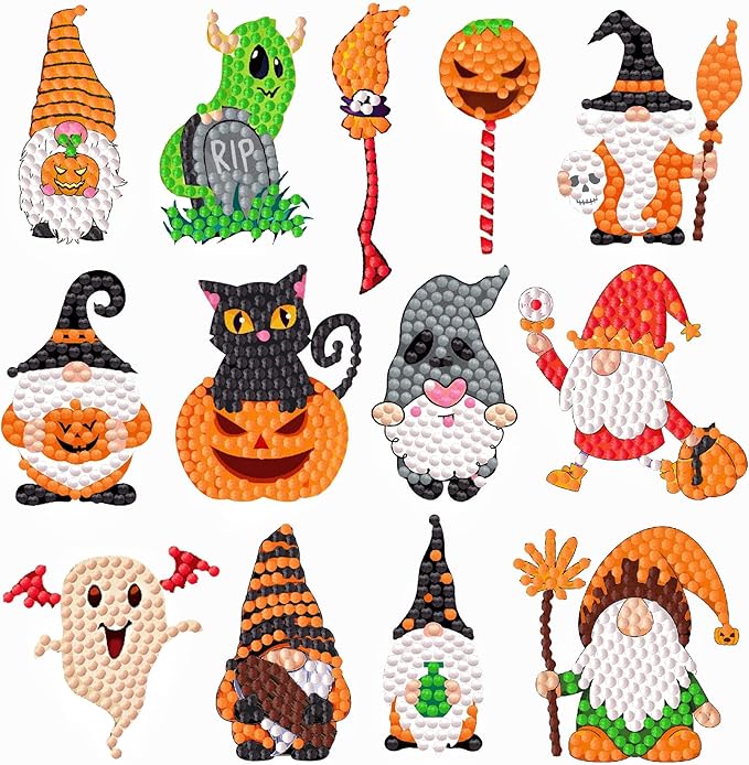 MEIEST 25 PCS Halloween Diamond Art Painting Stickers Kits,Diamond Mosaic Stickers by Numbers Crafts Set for Kids,Creative Handmade Art Craft GIF