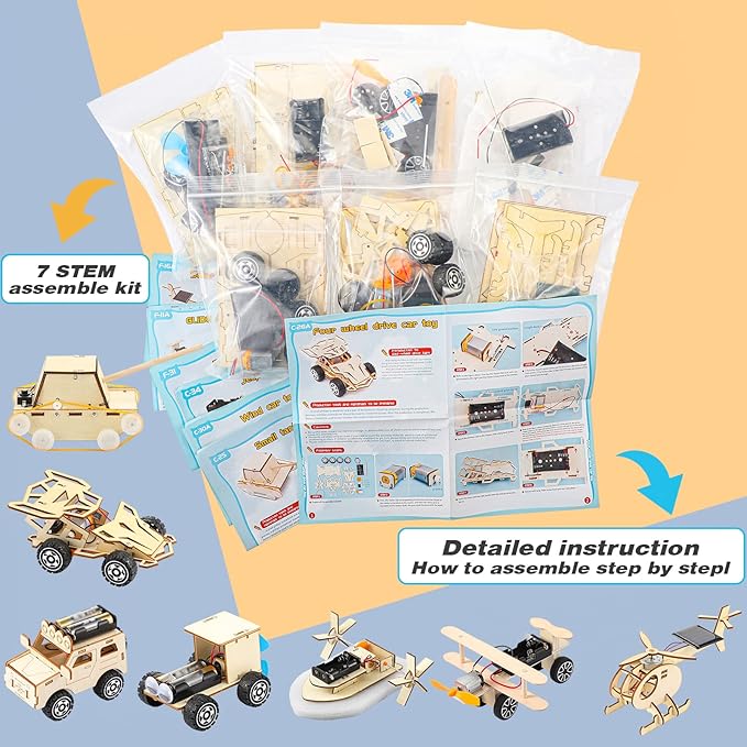 Chivao 7 in 1 Stem Kit Wood Projects for Kids to Build 3D Wooden Stem Building Kit Puzzles Mechanical Car Educational Science Models Building Toys for Kids 8 9 10 11 12 Year Old