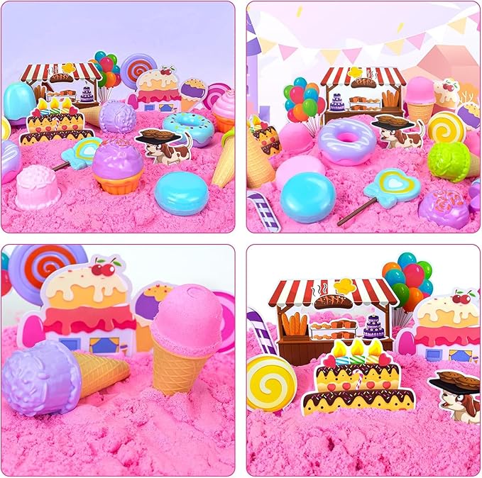 Play Sand Kits for Kids, Ice Cream Sensory Bin Sandbox to Create A Mini Cake Factory with 2lbs Magic Sand| Ice Cream & Cake Models and Tools, A Larger Ice Cream & Cake Factory Can Be Created By Beach