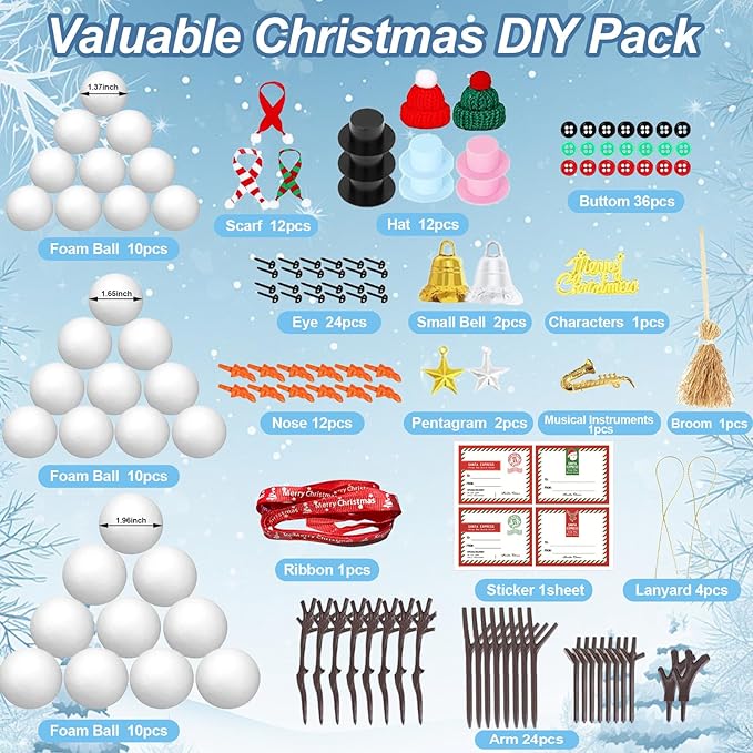 MZfowsen 12Pack Snowman Crafts Kits for Kids, Arts and Crafts for Kids, Build a Snowman Making Kit for Winter Party Favors Supplies