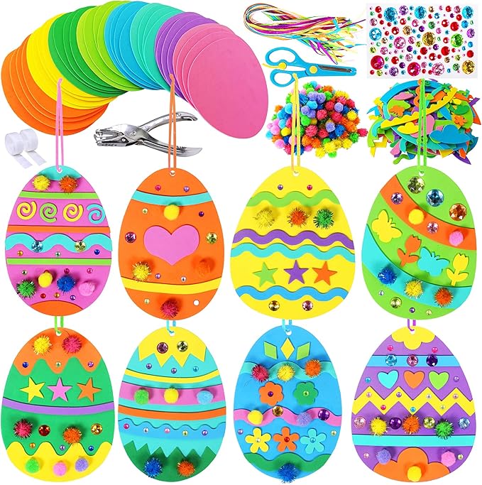 Winlyn 32 Sets Easter Egg Ornaments Decoration DIY Easter Craft Kits Assorted Foam Easter Egg Ornaments Easter Foam Stickers for Kids Party Favors Easter Spring Classroom Activity Art Project