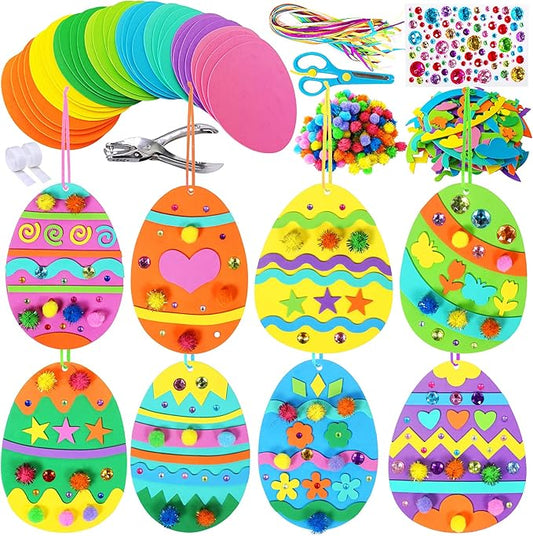 Winlyn 32 Sets Easter Egg Ornaments Decoration DIY Easter Craft Kits Assorted Foam Easter Egg Ornaments Easter Foam Stickers for Kids Party Favors Easter Spring Classroom Activity Art Project