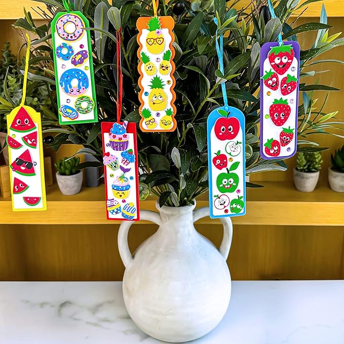 Winlyn 36 Sets Fruit Craft Kits Summer Crafts DIY Fruit Dessert Bookmarks Art Sets Apple Pineapple Watermelon Foam Stickers for Kids Teachers Back to School Classroom Activities Rewards Party Favors