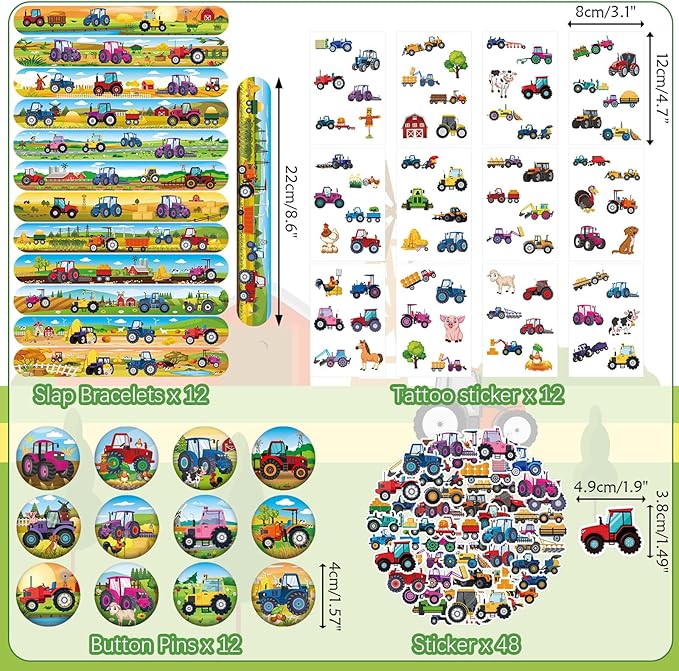 Tractor Party Favors - Farm Tractor Theme Birthday Party Supplies Decorations, Gift Bags, Slap Bracelets, Rubber Bracelets, Tattoo Stickers, Button Pin, DIY Stickers for Boys Girls Kids Party Favor