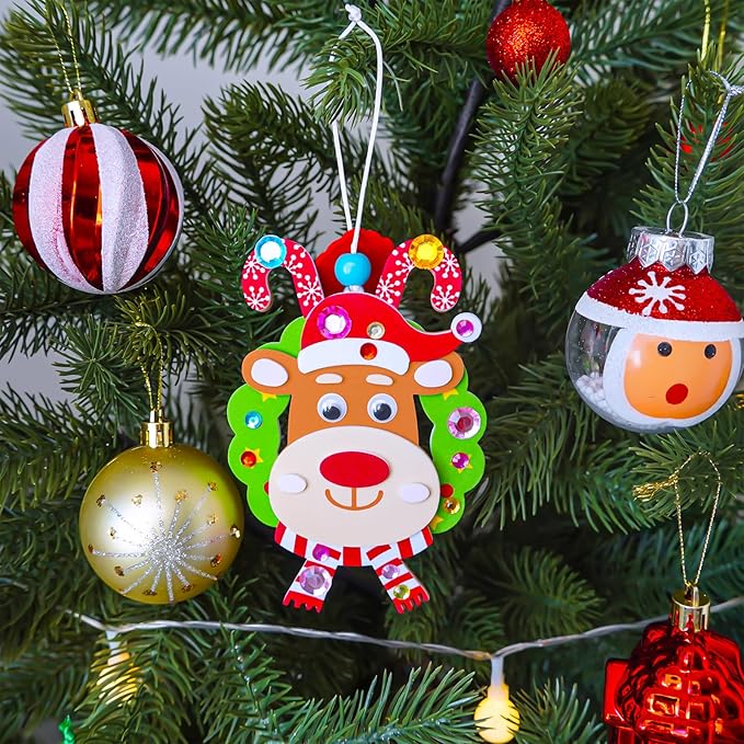 Winlyn 24 Sets Christmas Craft Kits Winter Crafts DIY Xmas Reindeer Head Ornaments Decorations Festive Foam Stickers Christmas Arts and Crafts for Kids Holiday Home Classroom Activities Party Favors