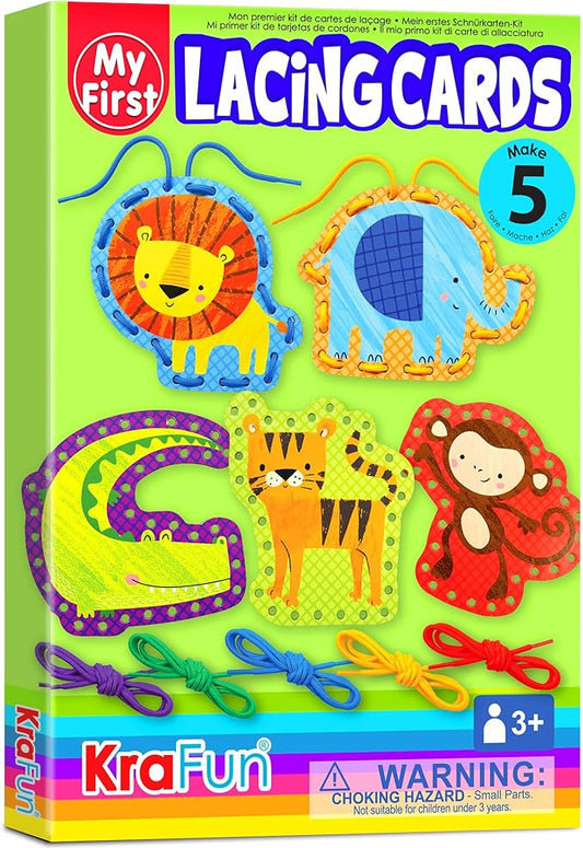 KRAFUN Beginner Preschool Lacing Card Kit for Kids Arts & Crafts, 5 Easy Safari and Animal Lacing Projects, Lacing Cards for Toddlers, Fine Motor Skills Training Toys