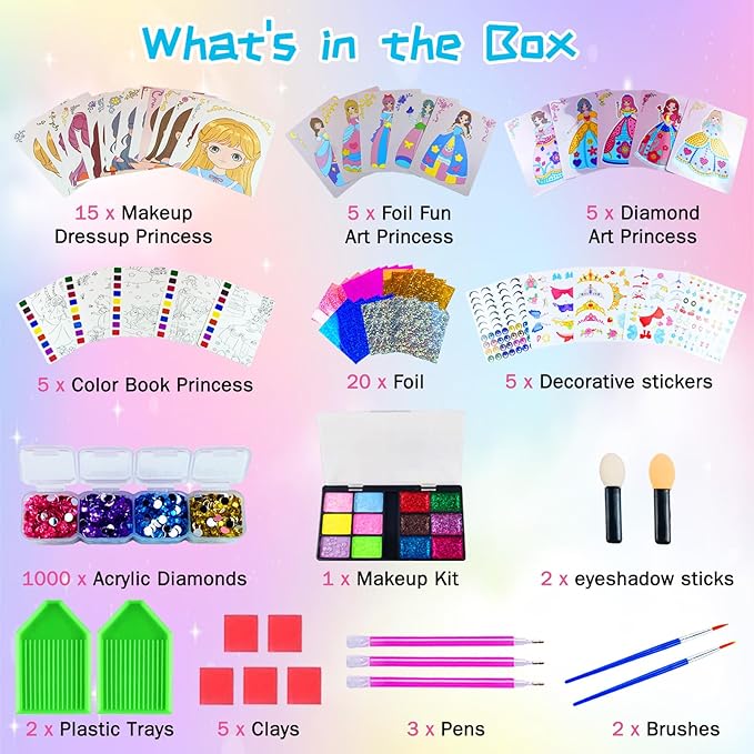 FJBICODA 30 Paper Craft Activities Kits, Arts & Crafts Gifts for Girls Age 5-12, Princess Makeup Play on Paper, Dress Up Game, Foil Fun & Diamond Art, Creative Toy for 5 6 7 8 9 10 11 12 Year Old Kid