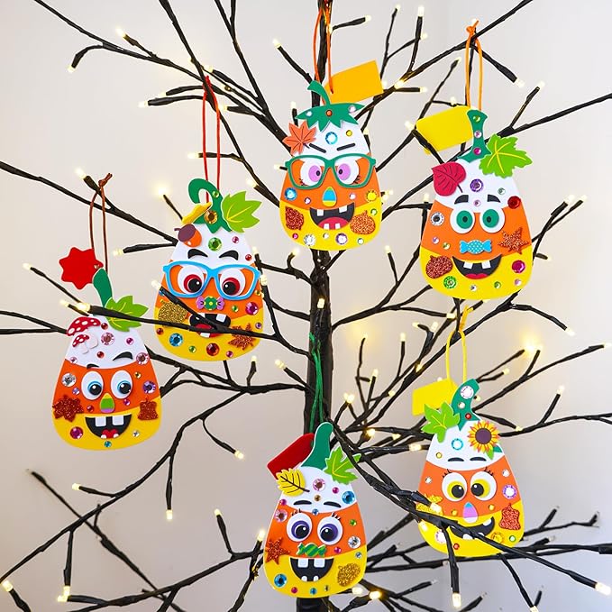 Winlyn 24 Sets Halloween Craft Kits for Kids Goofy Candy Corn Foam Individual Craft Kits Fall Arts and Crafts Autumn Foam Stickers for Kids Thanksgiving Halloween Home Classroom Activities Party Favor