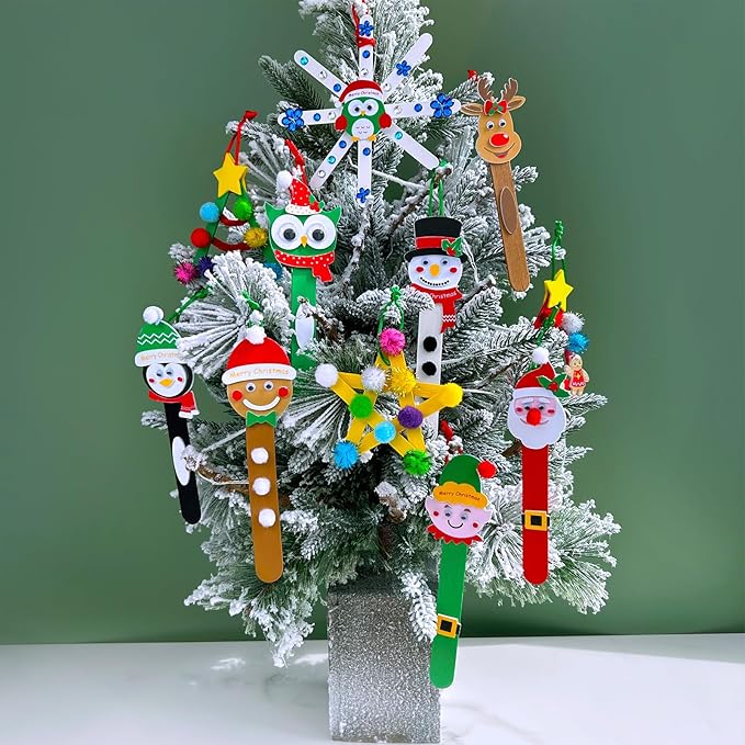 Winlyn 24 Sets Christmas Craft Kits Popsicle Stick Christmas Ornaments Winter Crafts DIY Craft Stick Santa Snowman Elf Reindeer Ornaments Art Sets for Kids Holiday Classroom Activities Party Favors