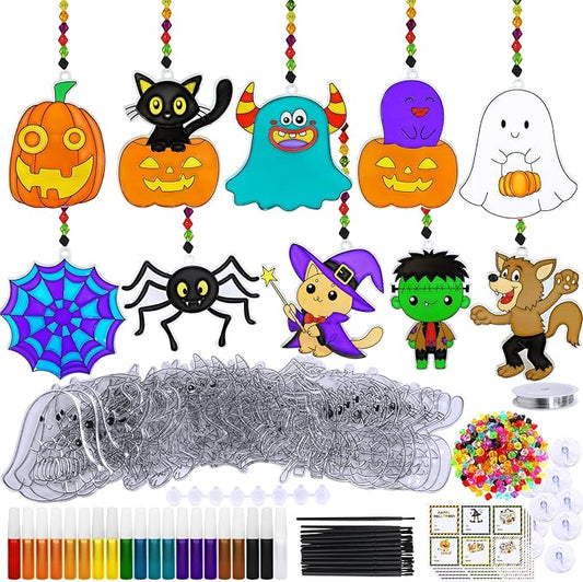 Winlyn 30 Sets Halloween Suncatchers Ornaments Decorations DIY Window Paint Art Suncatchers Halloween Craft Kits Jack-O'-Lantern Ghost Spider Sun Catchers for Kids Classroom Activities Art Project
