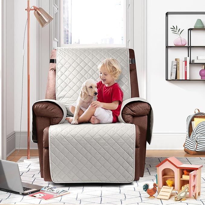 KinCam 100% Waterproof Recliner Chair Cover, Reclining Couch Covers for Pets, Dogs, Recliner Couch Slipcover Furniture Protector with Elastic Straps for Kids(30", Beige White)