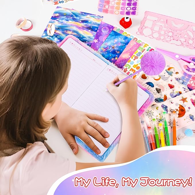 LiYiQ Plush Bear Diary Gift for Girls Kids Travel Journal Secret Diary with Scrapbook Paper Stickers Journal Stencils Pompom Pen and Washi Tape Practical Set Gift for Birthday Christma