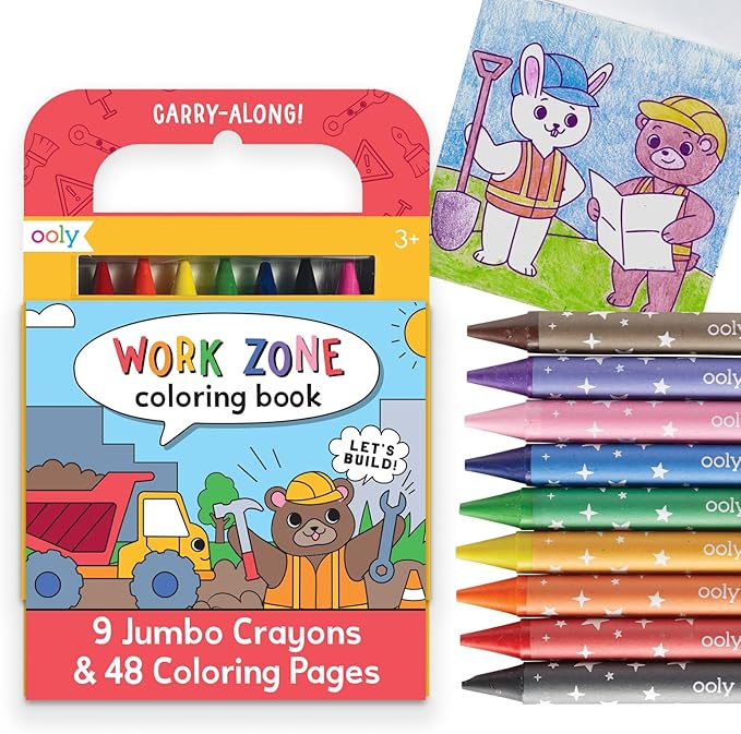 Ooly Travel Art Kit with 9 Jumbo Crayons & 48 Themed Coloring Pages & Case for Easy Traveling Art Creation, Perfect Airplane Travel Set to Entertain Kids - Work Zone