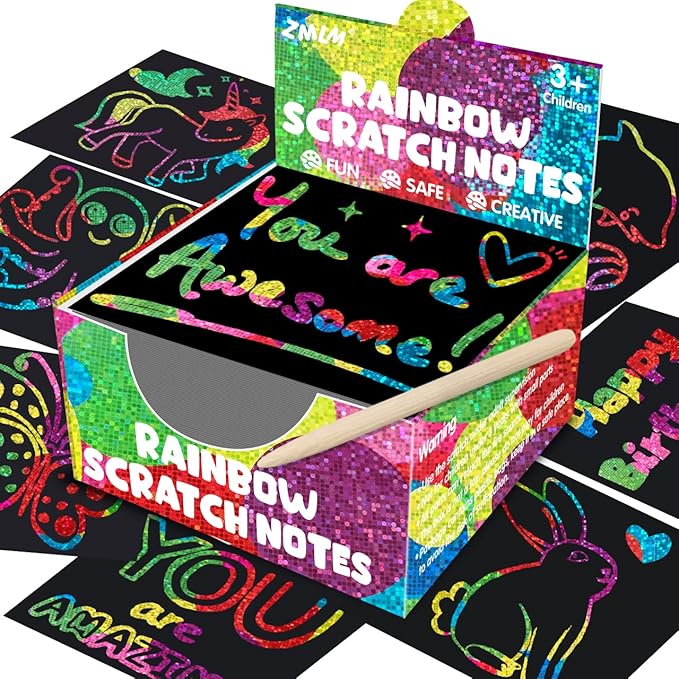 ZMLM Rainbow Scratch Paper Art Mini Notes Easter Basket Stuffers for Kids Teens Gifts Ages 4-8 Bulk Craft Supplies for Girls Boys Birthday Classroom Party Games Toy Stocking Stuffers(Holographic)