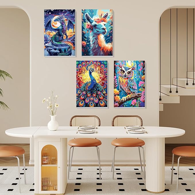 MISCER 4 Pack Paint by Numbers for Adults Beginner, Animals Paint by Number Kits with Easel, DIY Acrylic Oil Painting Suitable for Home Decoration (8 * 12 Inch)