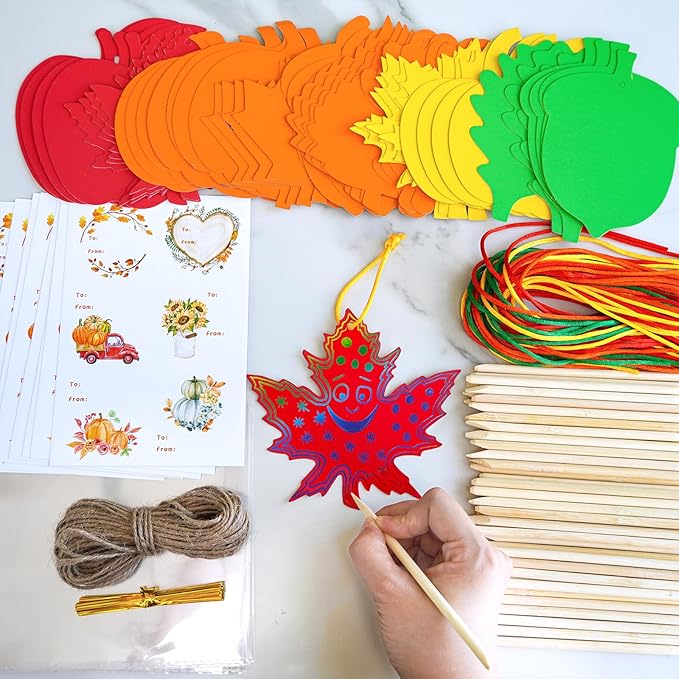 Winlyn 48 Sets Colorful Magic Color Scratch Fall Ornaments Autumn Scratch Art Maple Leaf Oak Leaf Pumpkin Apple Acorn Fall Craft Kits for Kids Classroom Activities Halloween Harvest Party Decorations