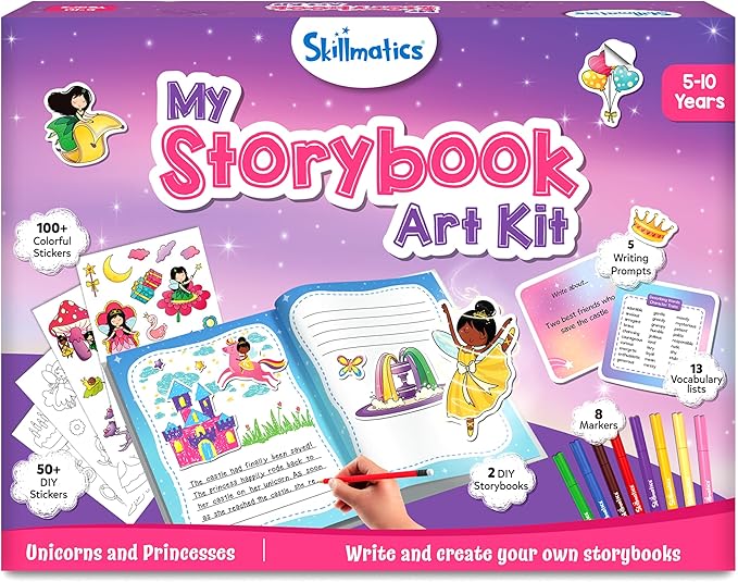 Skillmatics Storybook Art Kit - Unicorns & Princesses Art Kit for Kids, Write & Create Fairytale Storybooks, Creative Activity for Girls, DIY Kit, 150+ Stickers, Gifts for Ages 5, 6, 7, 8, 9, 10
