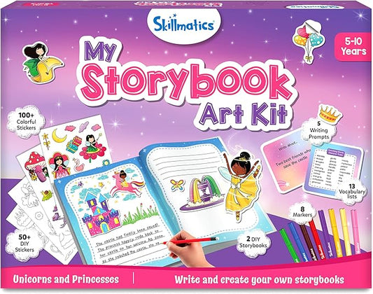 Skillmatics Storybook Art Kit - Unicorns & Princesses Art Kit for Kids, Write & Create Fairytale Storybooks, Creative Activity for Girls, DIY Kit, 150+ Stickers, Gifts for Ages 5, 6, 7, 8, 9, 10