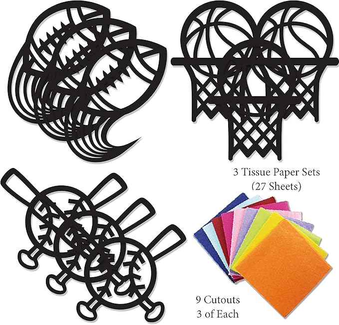 VHALE Suncatchers Craft 3 Sets (9 Cutouts) w Tissue Papers Stained Glass Effect Paper Sun Catcher Kit, Window Art, Classroom Crafts, Creative Art Projects, Kids Party Favors (Sport)