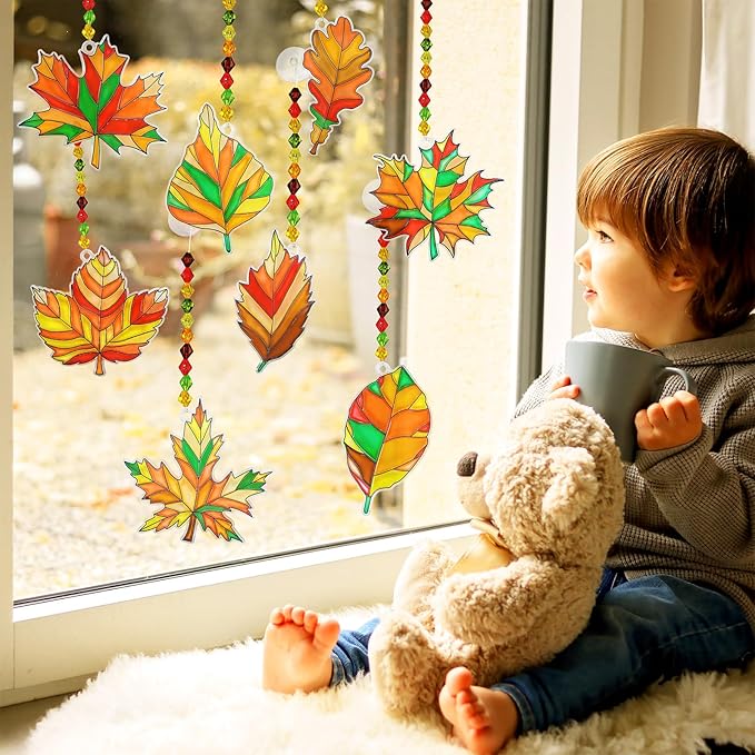 Winlyn 24 Sets Fall Leaf Suncatchers Ornaments DIY Window Paint Art Fall Craft Kits Maple Leaf Sun Catchers Painting Kits for Kids Classroom Activities Art Project Thanksgiving Autumn Party Decoration