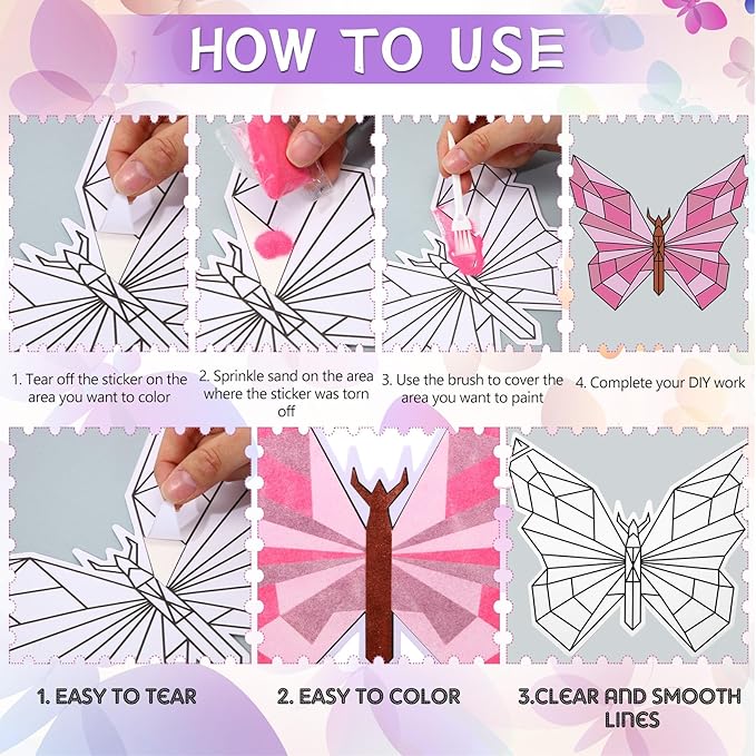 Halloscume 24 Sets Butterfly Sand Art Kits for Kids DIY Craft Sand Painting Kit with Colored Sand Brushes Spring Butterfly for Sunday School Classroom Fun Home Creative Activities