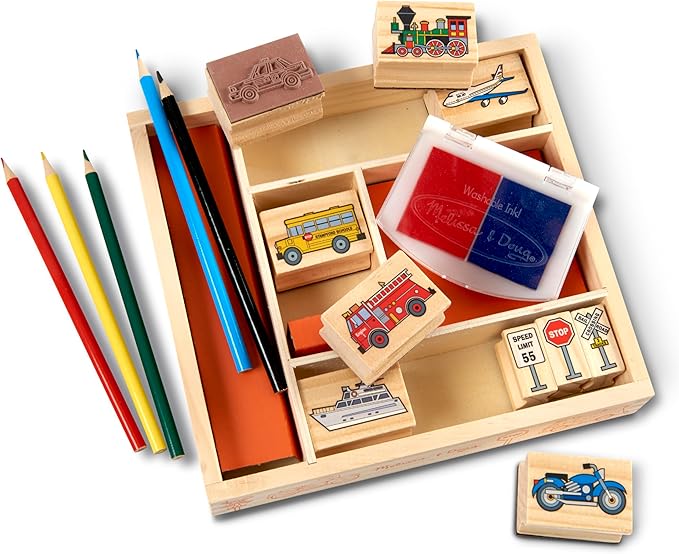 Melissa & Doug Wooden Stamp Set: Vehicles - 10 Stamps, 5 Colored Pencils, 2-Color Stamp Pad