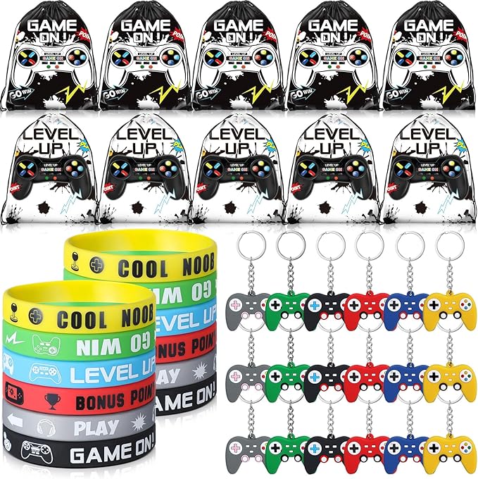 Nosiny 72PCS Video Game Party Favors Birthday Include 24 Video Game Goodie Drawstring Bags 24 Silicone Bracelet 24 Controller Keychain for Kids for Party Supplies (Black, White, Cute)
