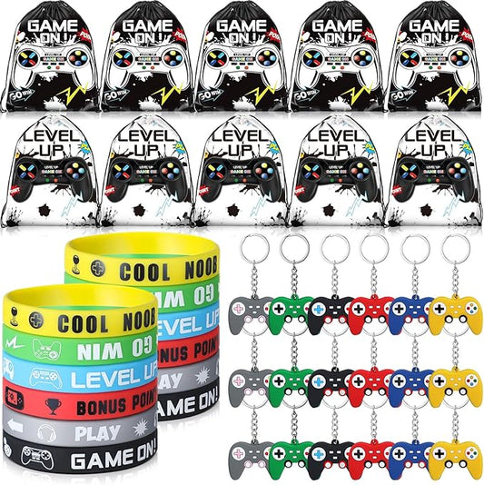 Nosiny 72PCS Video Game Party Favors Birthday Include 24 Video Game Goodie Drawstring Bags 24 Silicone Bracelet 24 Controller Keychain for Kids for Party Supplies (Black, White, Cute)