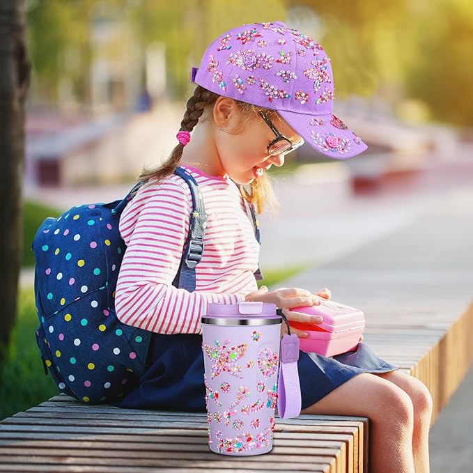 Decorate Your Own Water Bottle and Baseball Cap Bracelet Making Kit Set DIY Arts and Crafts Gifts for Girls Butterfly Gems Crafts Stickers for Girls Christmas Birthday Gifts(Purple)