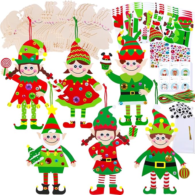 Winlyn 24 Sets Christmas Craft Kits Winter Crafts DIY Santa's Helper Elf Ornaments Decorations Arts Sets Elf Christmas Foam Stickers for Kids Holiday Festive Home Classroom Activities Party Favors
