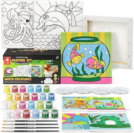 ARTEZA Kids Water Creatures Painting Kit, 4 Canvases 8 x 8 Inches, 24 Acrylic Paints, 4 Paint Brushes, 4 Palettes, Kids Activities Ages 6 and Up