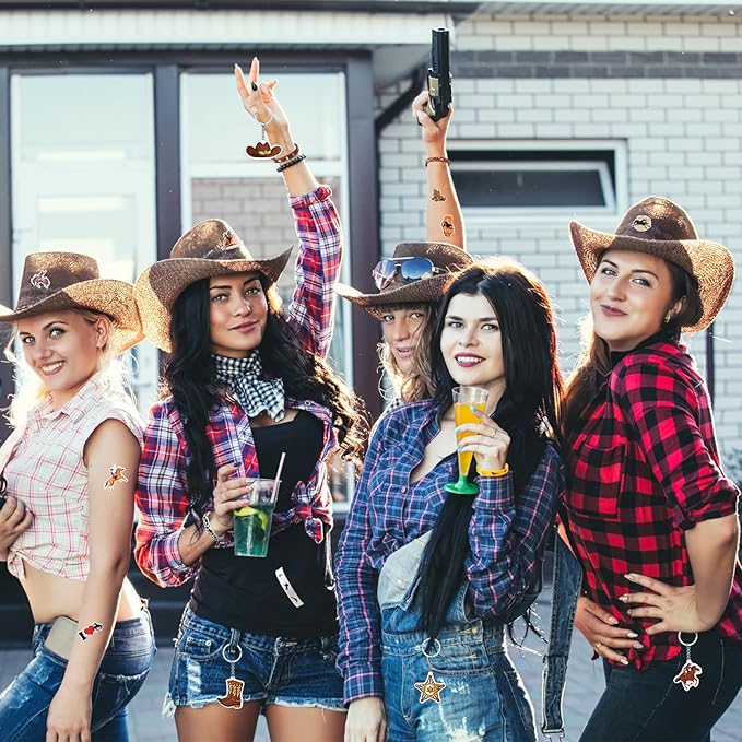 Nosiny 90 Pieces Cowboy Cowgirl Party Favor Supplies, Includes Silicone Bracelets Stretch Wristbands Acrylic Keychains and Cowboy Stickers for Western Themed Birthday Baby Shower Party Favors