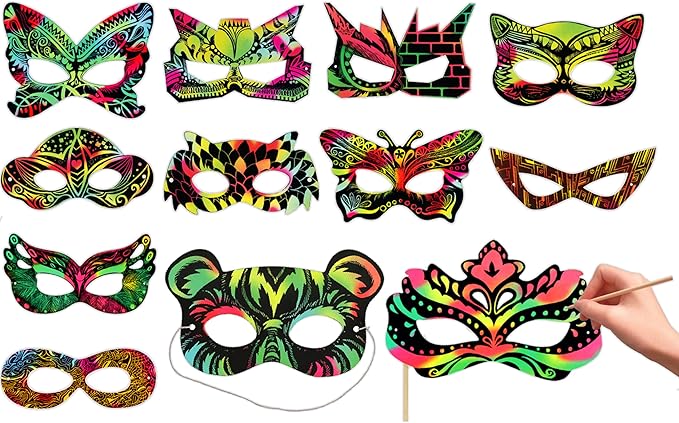 VHALE 24 Sets Rainbow Scratch Paper Art Superhero Masks, Dress Up Halloween Costumes, Creative Classroom Arts and Crafts, Fun Drawings, Travel Toys, Party Favors for Kids