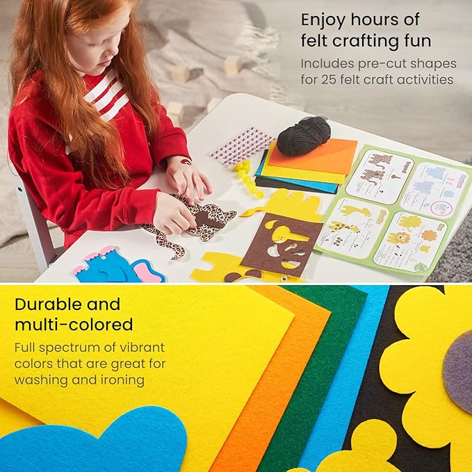 ARTEZA Kids Felt Kit, 357 Pieces, 25 Pre-Cut Animal Shapes, 5 Felt Sheets, 140 Mini-Pieces, Gemstone Stickers, Yarn, and Glue