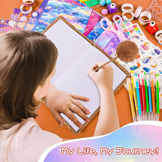 LiYiQ Plush Raccoon Diary Gift for Girls Kids Travel Journal Secret Diary with Scrapbook Paper Stickers Journal Stencils Pompom Pen and Washi Tape Practical Set Gift for Birthday Christma