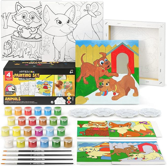 ARTEZA Kids Animals Painting Kit, 4 Canvases 8 x 8 Inches, 24 Acrylic Paints, 4 Paint Brushes, 4 Palettes, Kids Activities Ages 6 and Up