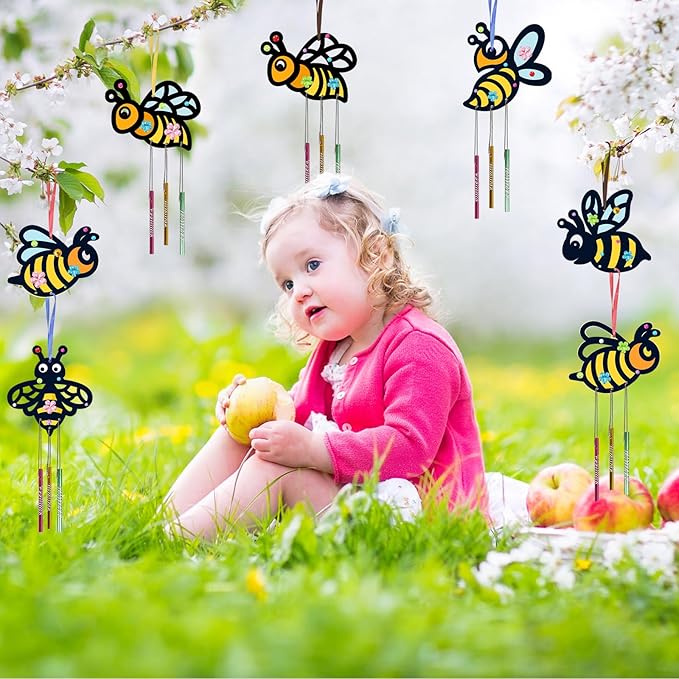 Fennoral 10 Pack Bee Wind Chime Kit for Kids Make You Own Honey Bee Wind Chimes Ornaments DIY Coloring Wooden Art and Craft for Insects Spring Art Activities Birthday Party Decorations