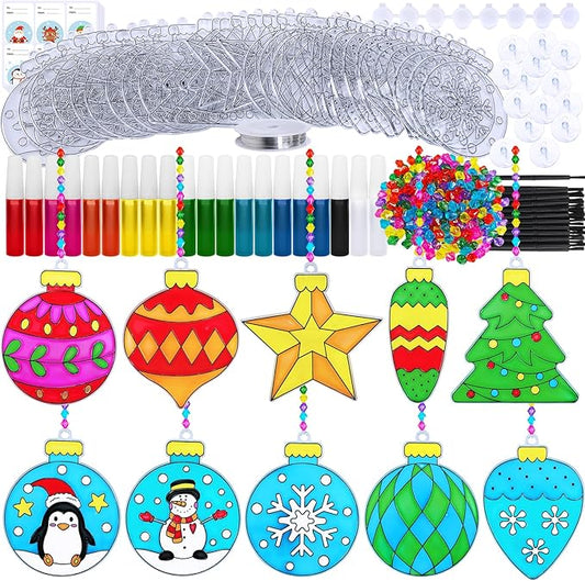 Winlyn 30 Sets Christmas Bauble Suncatcher Ornaments DIY Window Paint Art Suncatchers Craft Kits Winter Christmas Ball Sun Catchers for Kids Holiday Classroom Party Decorations Art Project
