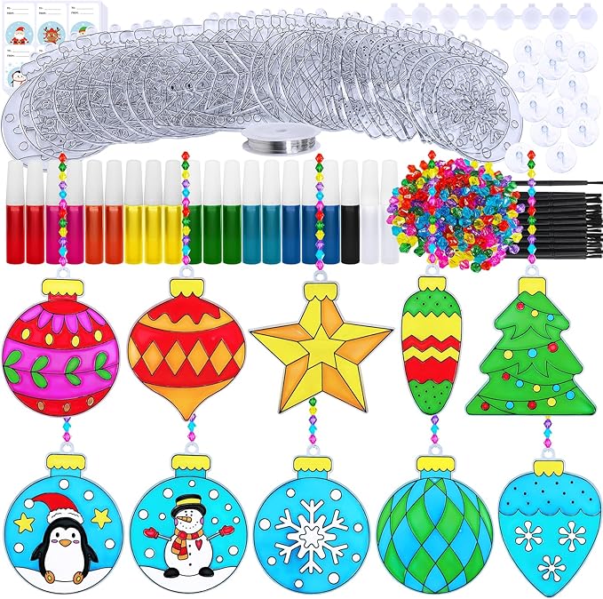 Winlyn 30 Sets Christmas Bauble Suncatcher Ornaments DIY Window Paint Art Suncatchers Craft Kits Winter Christmas Ball Sun Catchers for Kids Holiday Classroom Party Decorations Art Project